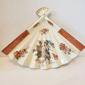 Vintage Asian Handpainted Fan  Trinket Dish Floral/Peacock.